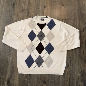 Hagger Men's Sweater Size M Ivory Cotton  Diamond Preppy Fisherman Cardigan